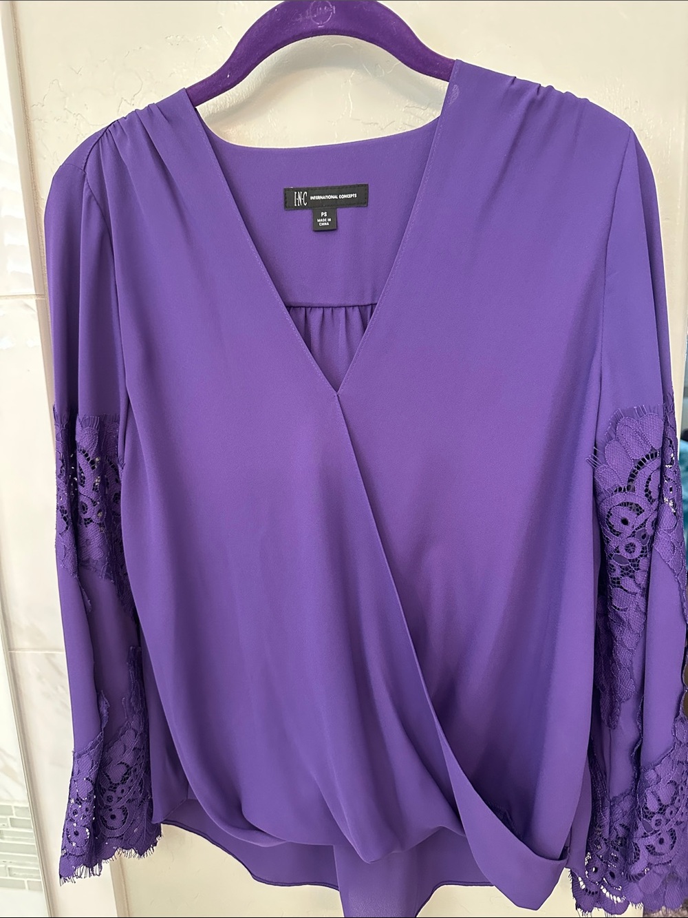 INC International Concepts Violet Lace-Sleeve Surplice Blouse